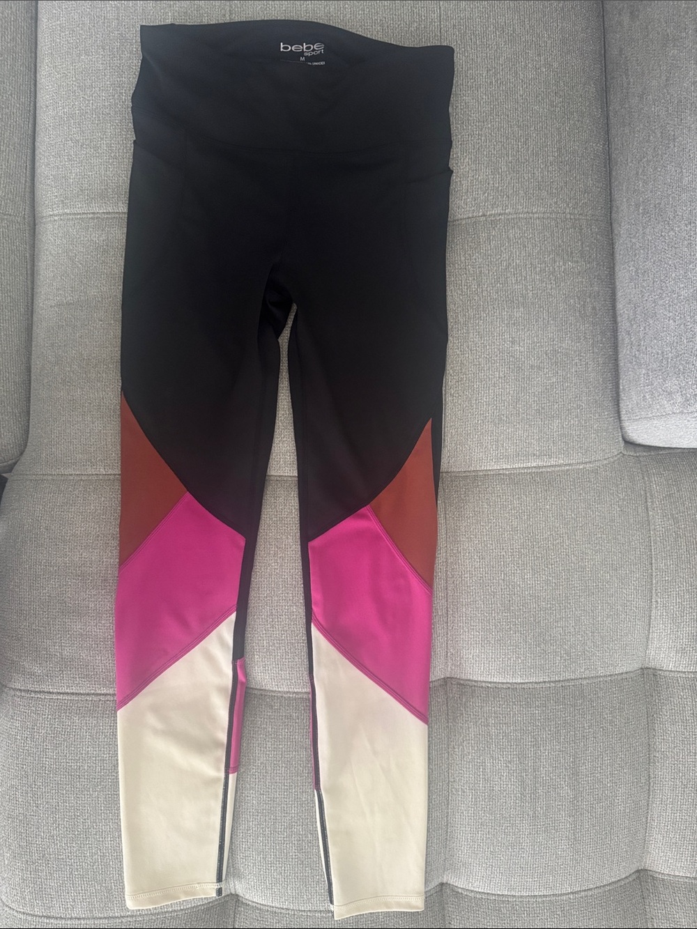bebe Black Leggings with Fuchsia, Brown & Cream Colorblock Panels